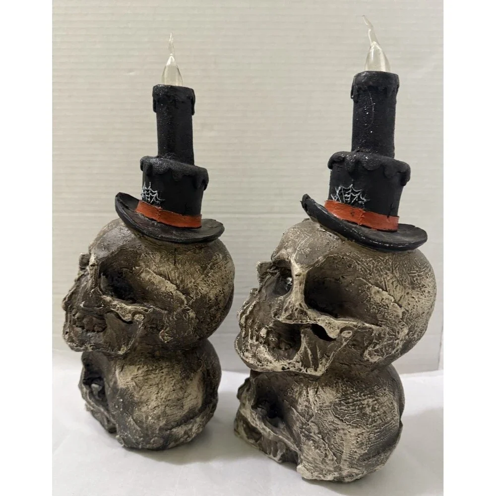 Pair Of Stacked Skull Red Eyes Candles Gothic Decor Resin 13” Old Time Pottery
